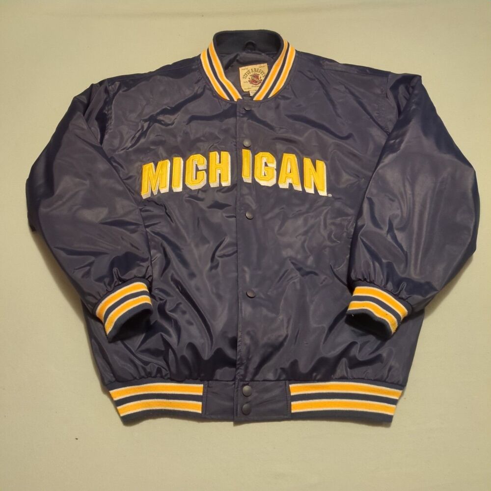 Vintage Steve & Barrys Michigan Wolverines Satin Varsity Jacket Navy Blue XL